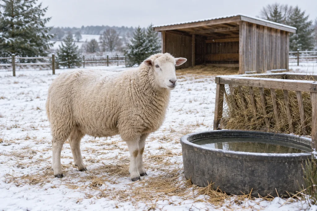 Een wit schaap staat in een besneeuwde weide naast een drinkbak met water en een ruif met hooi. Op de achtergrond staat een houten schuilplek.