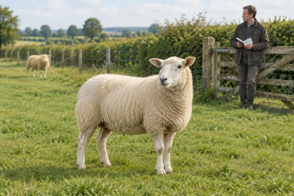 Wit schaap staat in een weiland; bij een houten hek kijkt een houder toe met een open notitieboek.