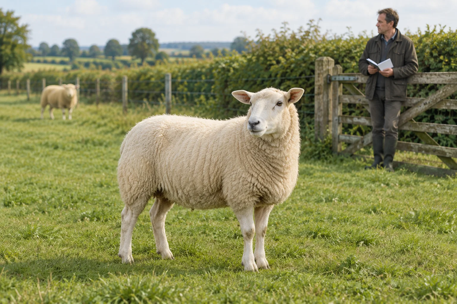 Wit schaap staat in een weiland; bij een houten hek kijkt een houder toe met een open notitieboek.