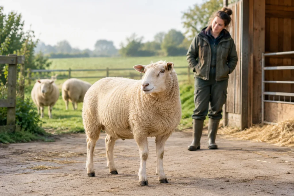 Een schaap staat bij een stal terwijl een houder op korte afstand toekijkt. Twee andere schapen staan op de achtergrond.