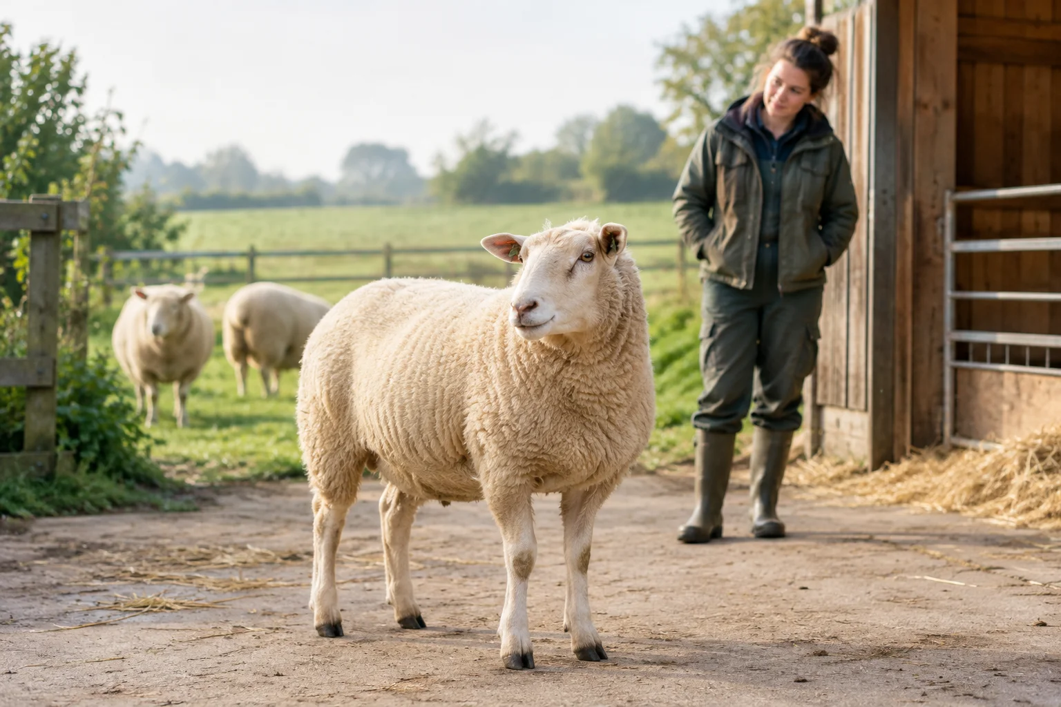Een schaap staat bij een stal terwijl een houder op korte afstand toekijkt. Twee andere schapen staan op de achtergrond.