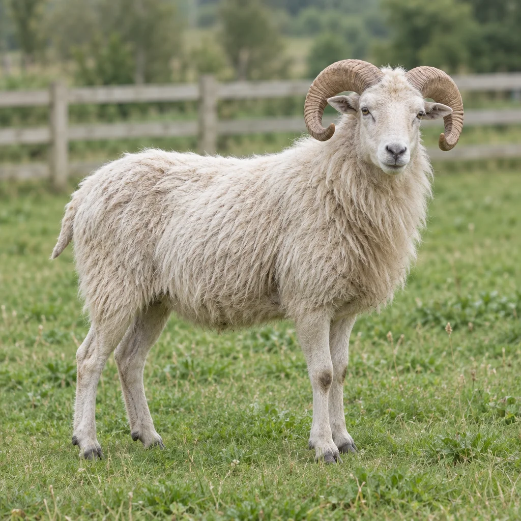 Een wit schaap met grote, gekrulde hoorns staat met alle vier de poten zichtbaar in een grasweide voor een houten hek.