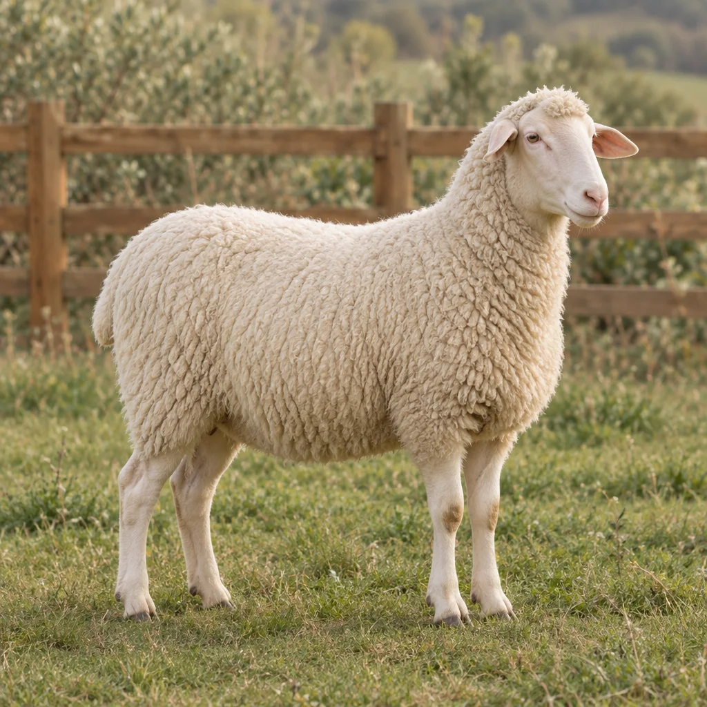 Een wit schaap zonder hoorns staat met alle vier de poten zichtbaar in een weiland voor een houten hek.