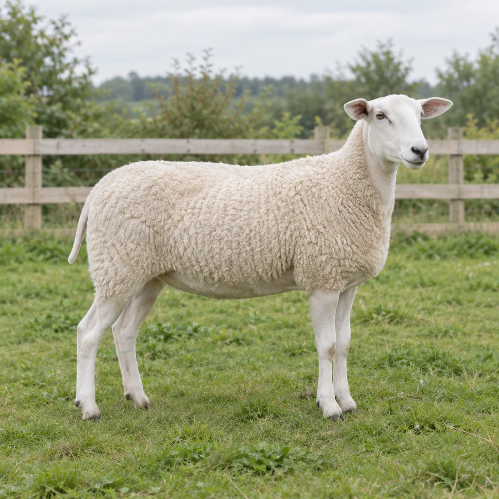 Wit schaap met een onbewolde kop en poten staat in een grasweide voor een houten hek.