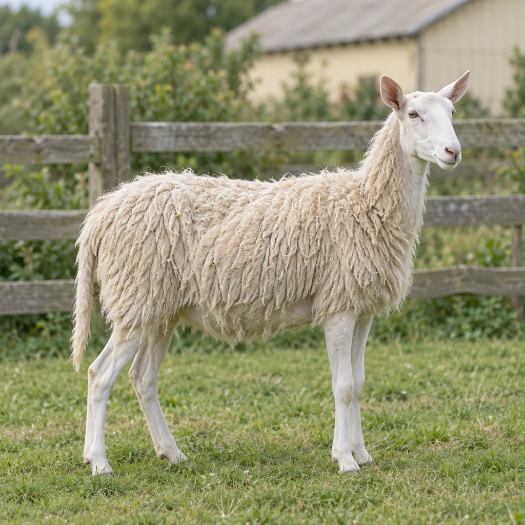Illustratie van een wit schaap met een losse, lange vacht in een omheinde weide.