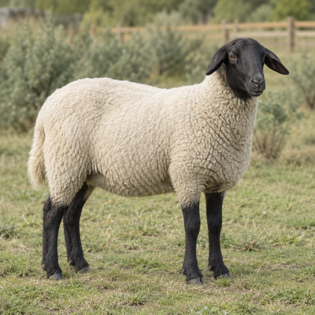 Illustratie van een schaap met een zwarte kop, zwarte oren en poten en lichte wol in een weiland.