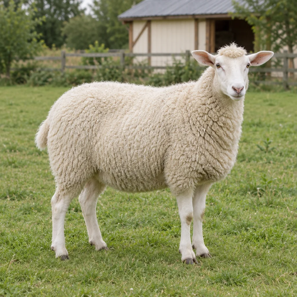 Een wit schaap met een wollige voorhoofdslok staat op gras voor een houten schuilplaats.