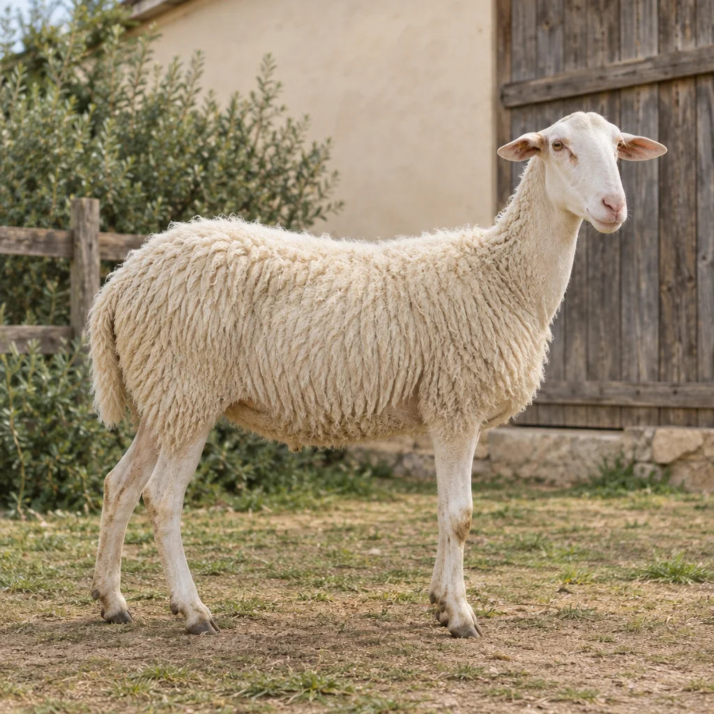 Een wit schaap met een smalle kop en licht gekleurde oogranden staat met alle vier de poten zichtbaar voor een houten schuur.