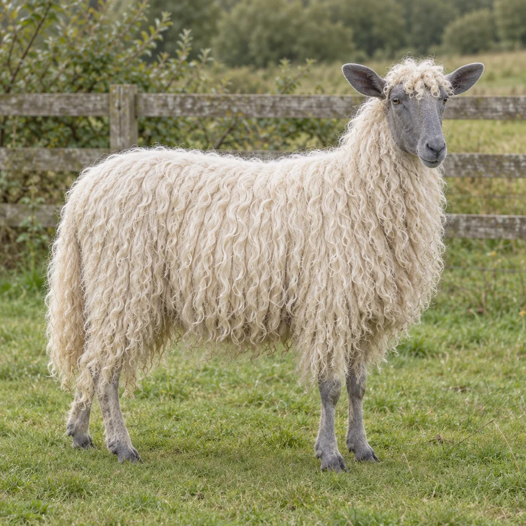 Een schaap met lange witte krullende wol, een blauwgrijze kop en oren staat volledig in beeld op gras voor een houten hek.