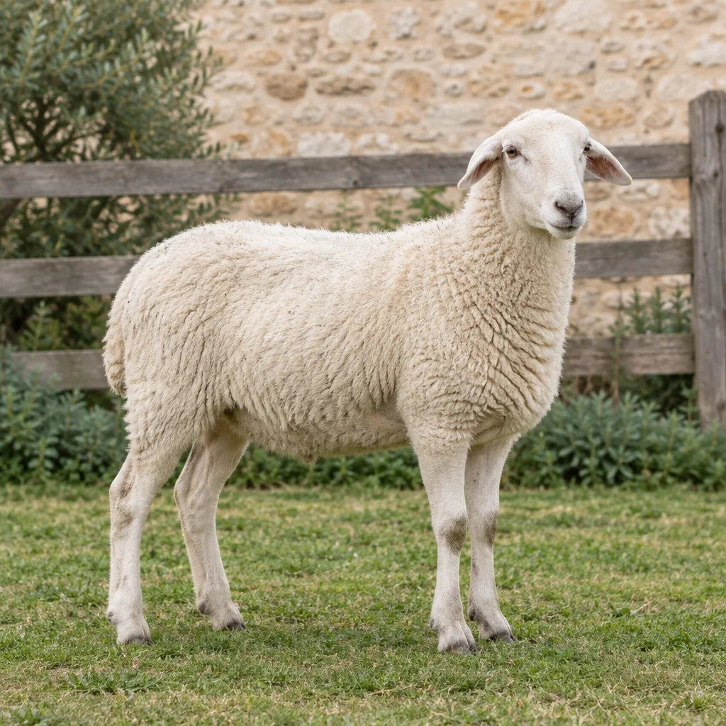 Een wit schaap zonder hoorns staat met alle vier de poten zichtbaar op gras, voor een houten hek en een stenen muur.