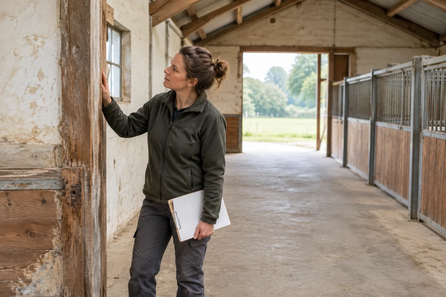 Een vrouw bekijkt een houten deurpost in een lege stal en houdt een klembord vast.
