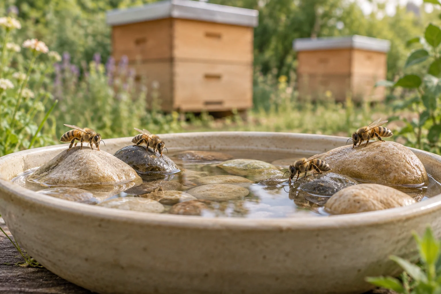 Vier honingbijen zitten op stenen die boven het water uitsteken in een ondiepe schaal, met bijenkasten op de achtergrond.