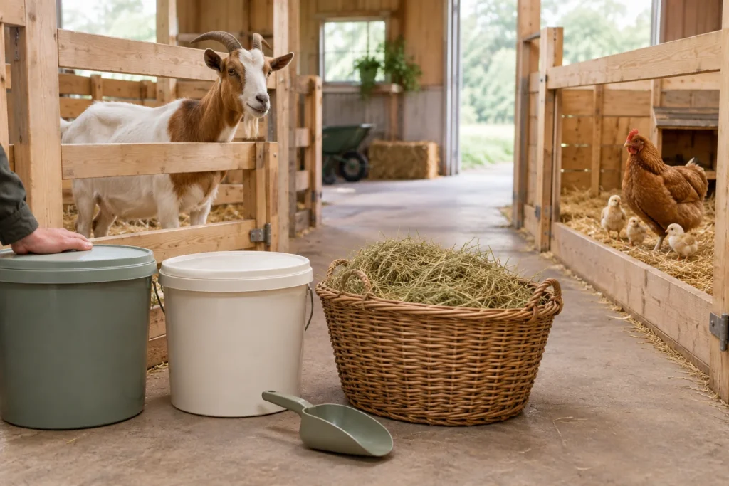 In een houten stal staan een geit en een hen met kuikens in aparte verblijven. Op de voorgrond staan twee gesloten emmers, een mand met hooi en een schep.