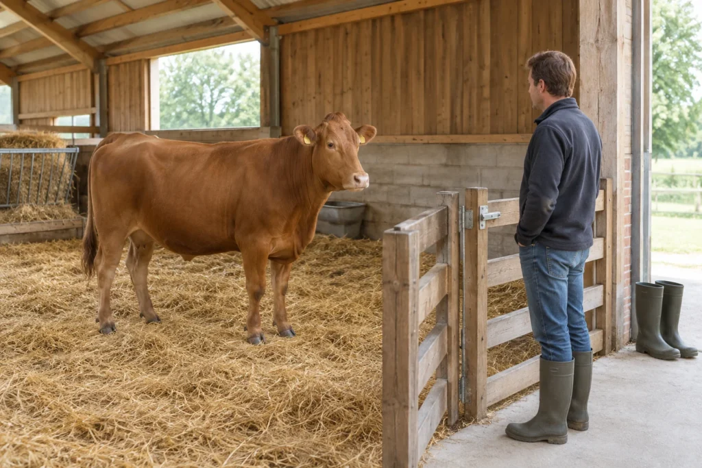 Een bruin rund staat op stro in een stal, terwijl een houder het dier achter een houten hek bekijkt. Bij de ingang staat een paar laarzen.