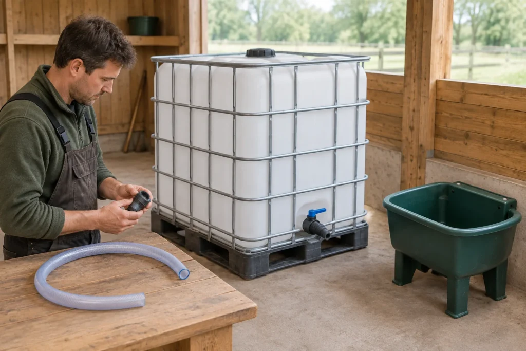 Een persoon bekijkt een losse koppeling naast een IBC container. Op de werktafel ligt een slang; rechts staat een losse groene drinkbak.