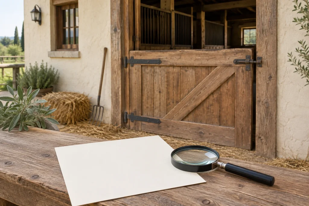 Illustratie van een vergrootglas op een leeg vel papier op een houten tafel voor een stal.