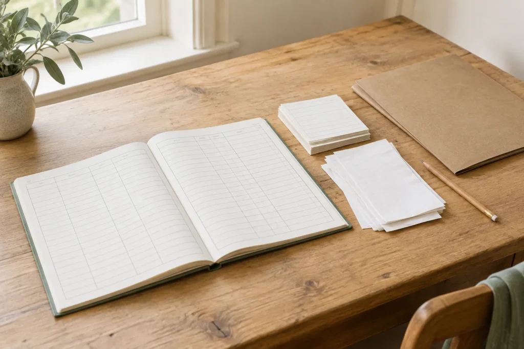 Open, onbeschreven administratieboek op een houten tafel, naast losse papieren, een map en een potlood.