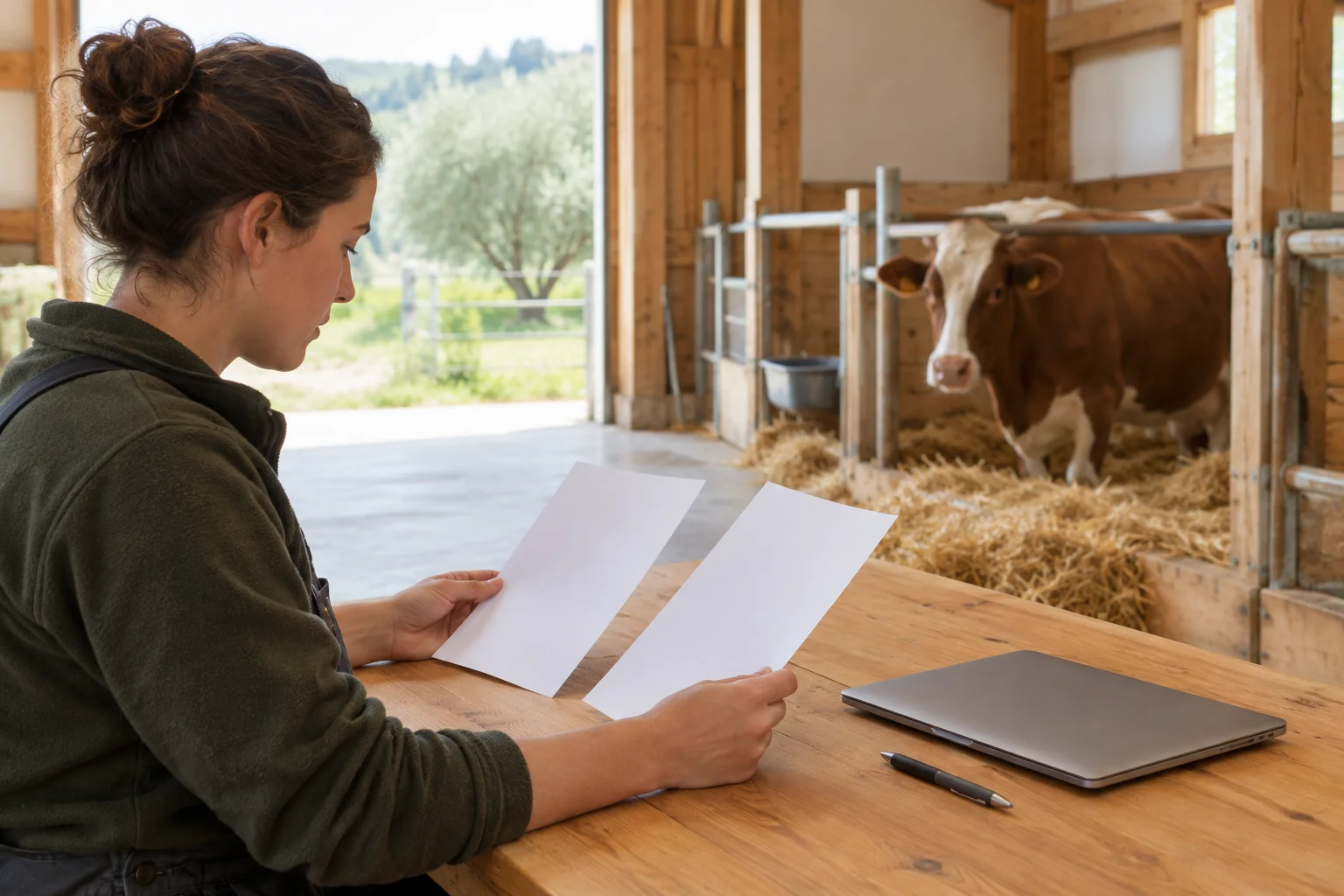 Een vrouw bekijkt twee blanco vellen papier aan een houten tafel in een stal. Naast haar liggen een gesloten laptop en een pen; op de achtergrond staat een koe.