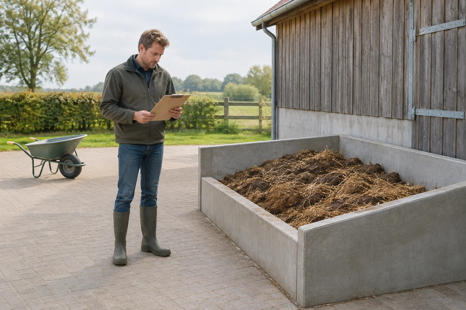 Een man met een klembord staat naast een betonnen opslagbak met stalmest en stro op een boerenerf.