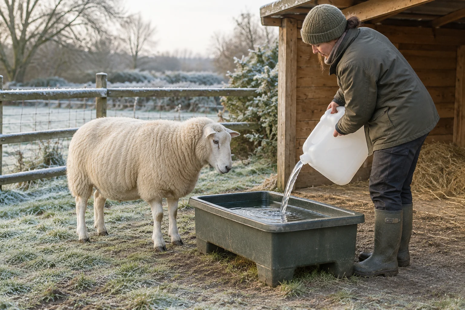 Een verzorger giet water uit een jerrycan in een drinkbak naast een schaap, bij een houten schuilplaats op een berijpt erf.