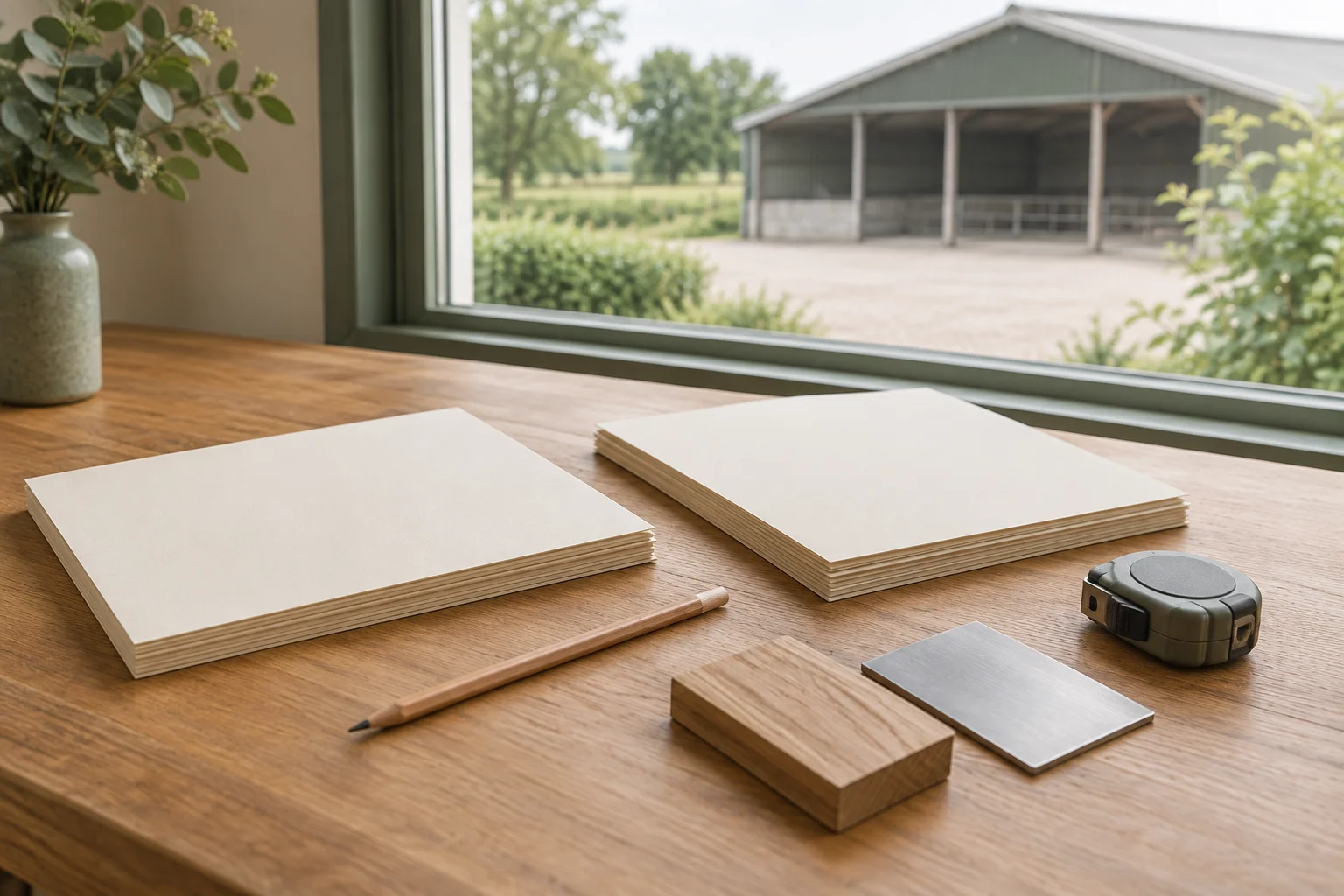 Twee stapels blanco papier, een potlood, een gesloten rolmaat en materiaalmonsters liggen op een houten tafel. Door het raam is een leeg stalgebouw te zien.