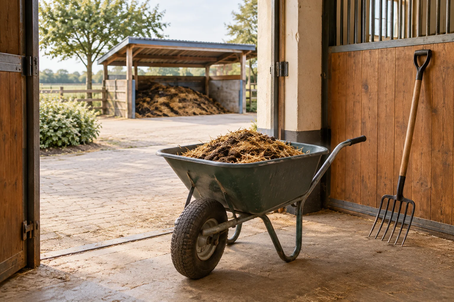 Kruiwagen met stro en mest bij de deuropening van een stal, met een mestvork tegen de wand en een overdekte opslagplek op de achtergrond.