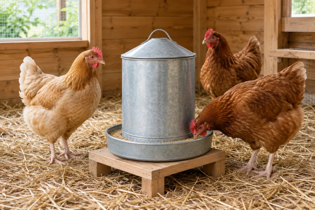 Drie volwassen kippen staan bij een ronde metalen voerbak in een hok met stro; één kip eet uit de bak.