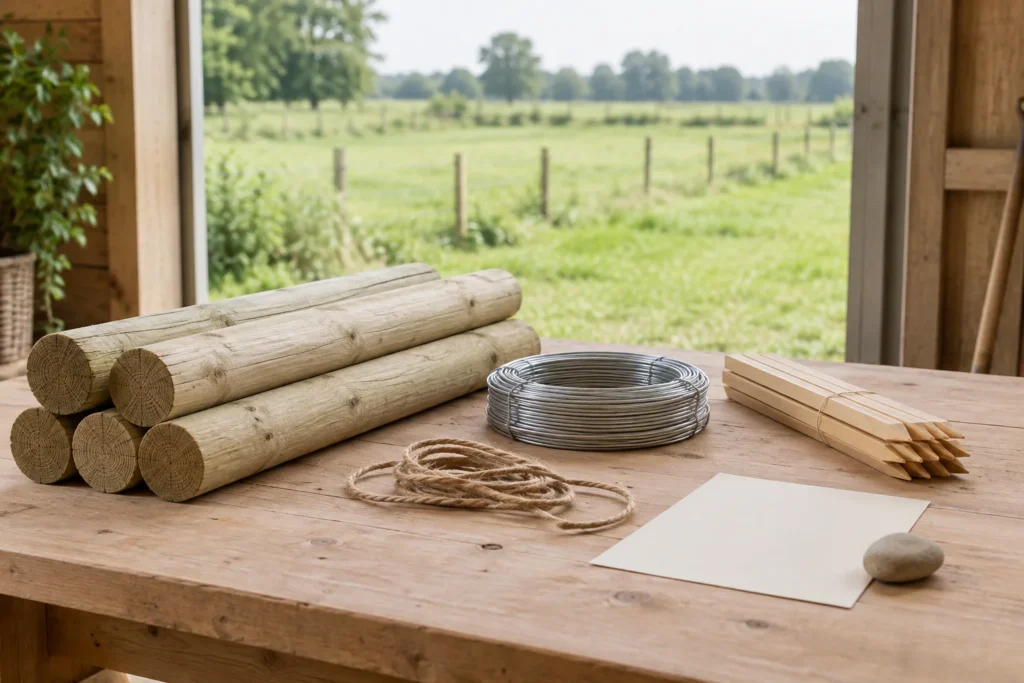 Houten afrasteringspalen, een rol draad, houten paaltjes, touw en een leeg vel papier op een werktafel.