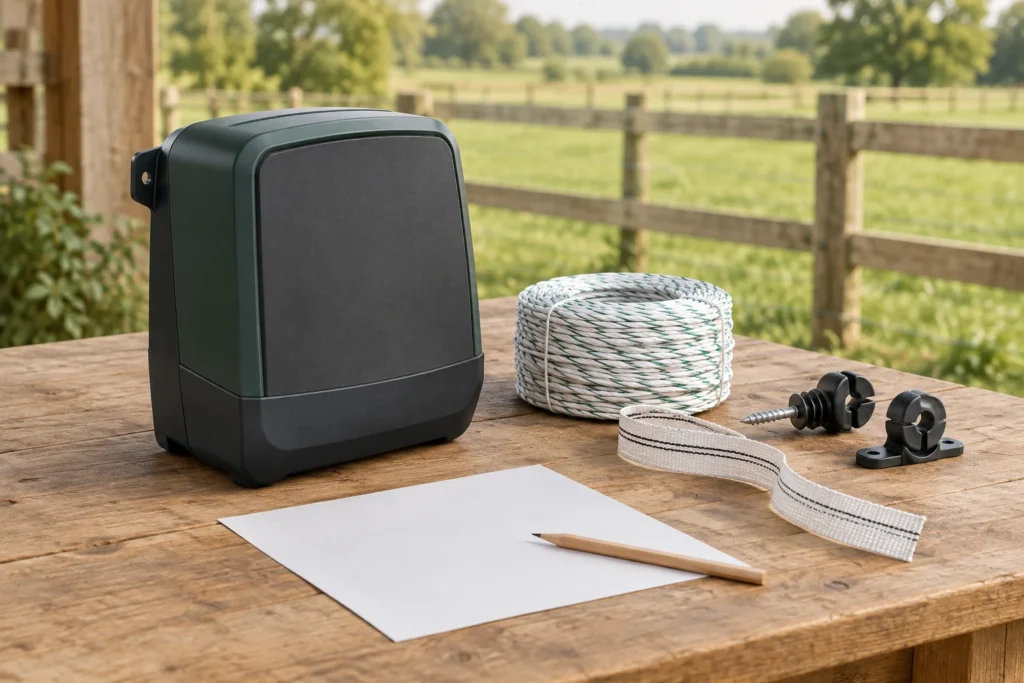 Een ongemarkeerd schrikdraadapparaat staat op een houten tafel naast een rol schrikdraad, afrasteringslint, isolatoren, blanco papier en een potlood. Op de achtergrond staat een houten afrastering.