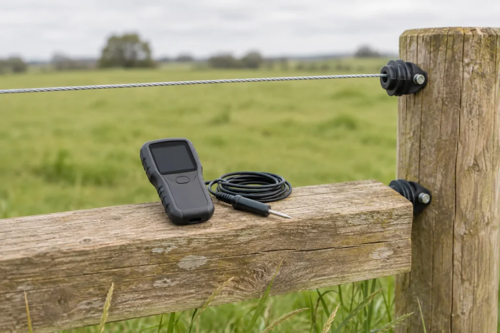Een spanningsmeter met een leeg scherm en losse meetpen ligt op een houten hek naast een draad op een geïsoleerde afrasteringspaal.