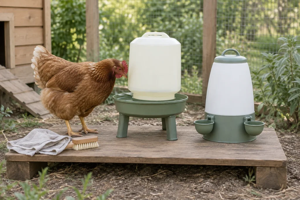 Bruine hen naast twee verschillende drinkbakken voor kippen, met een doek en borstel op een houten verhoging.