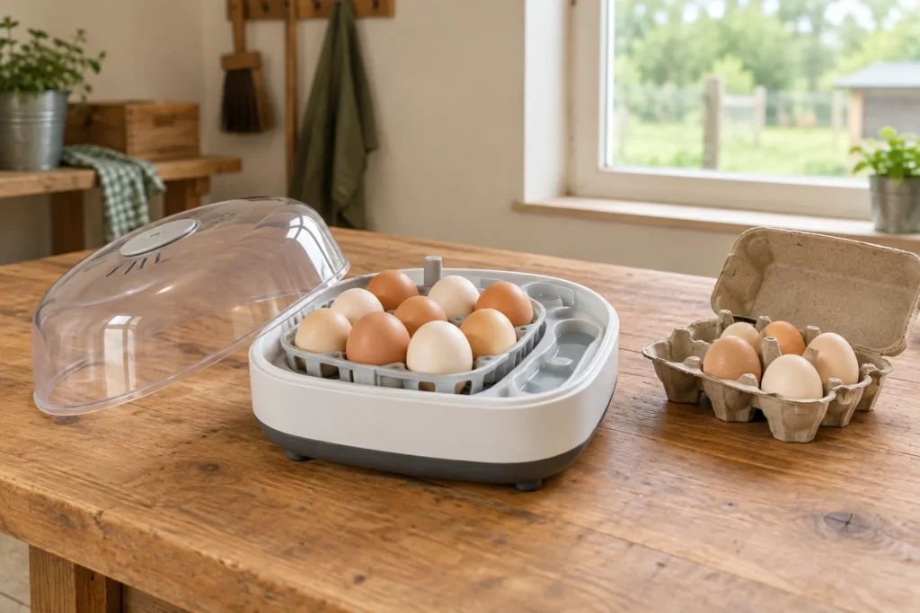 Open broedmachine met eieren in een uitneembare houder, naast een kartonnen eierdoos op een houten tafel.