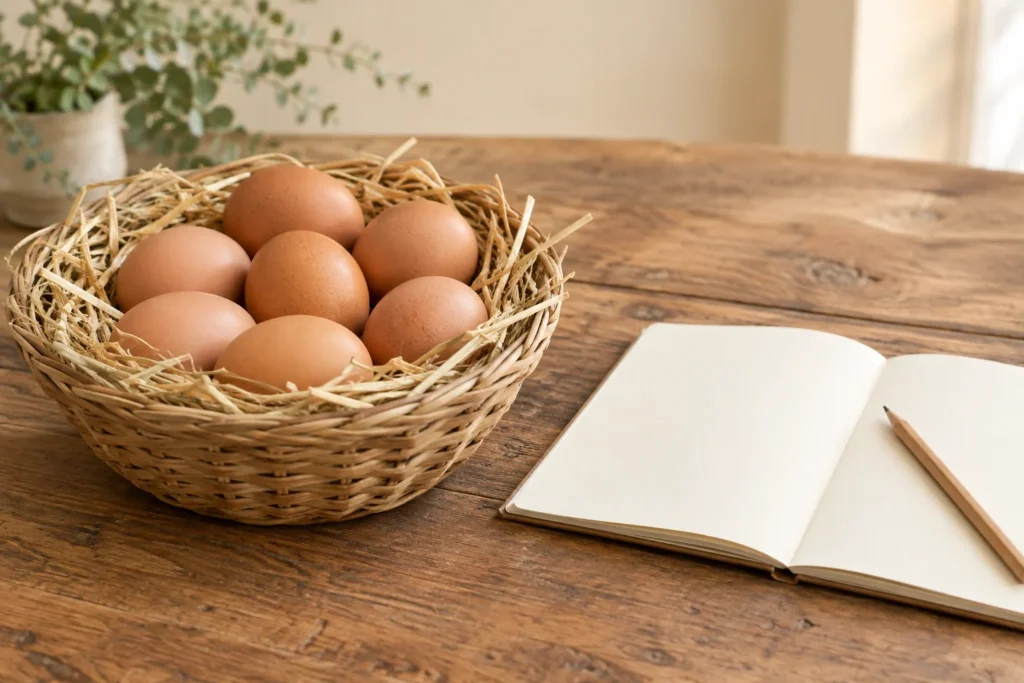 Bruine eieren in een mand met stro, naast een leeg notitieboek en een potlood op een houten tafel.