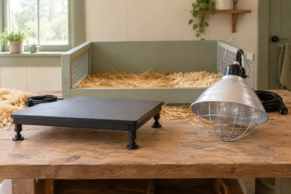 Illustratie van een warmteplaat en een warmtelamp op een houten tafel voor een leeg kuikenverblijf.