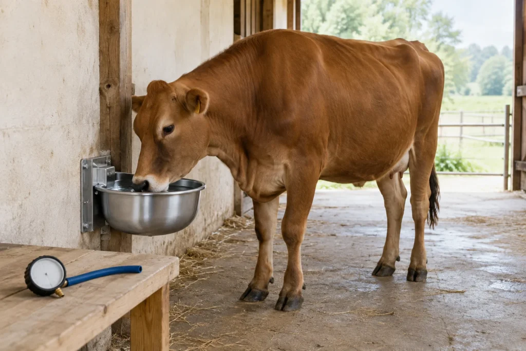 Bruine koe drinkt uit een metalen drinkbak aan de stalwand. Op een houten tafel liggen een losse drukmeter en een kort stuk slang.
