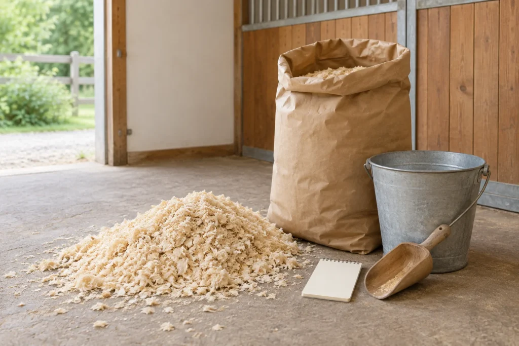 Een open papieren zak met houtkrullen naast een hoop krullen, een emmer, een houten schep en een leeg notitieblok in een stal.