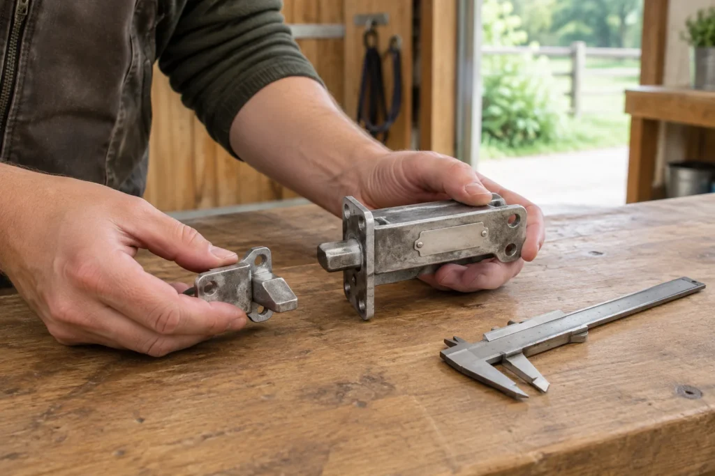 Handen houden twee metalen grendelonderdelen naast elkaar boven een houten werkbank, met een schuifmaat ernaast.