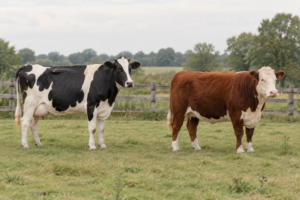 Een zwart wit rund en een roodbruin rund met een witte kop staan naast elkaar in een weide bij een houten hek.