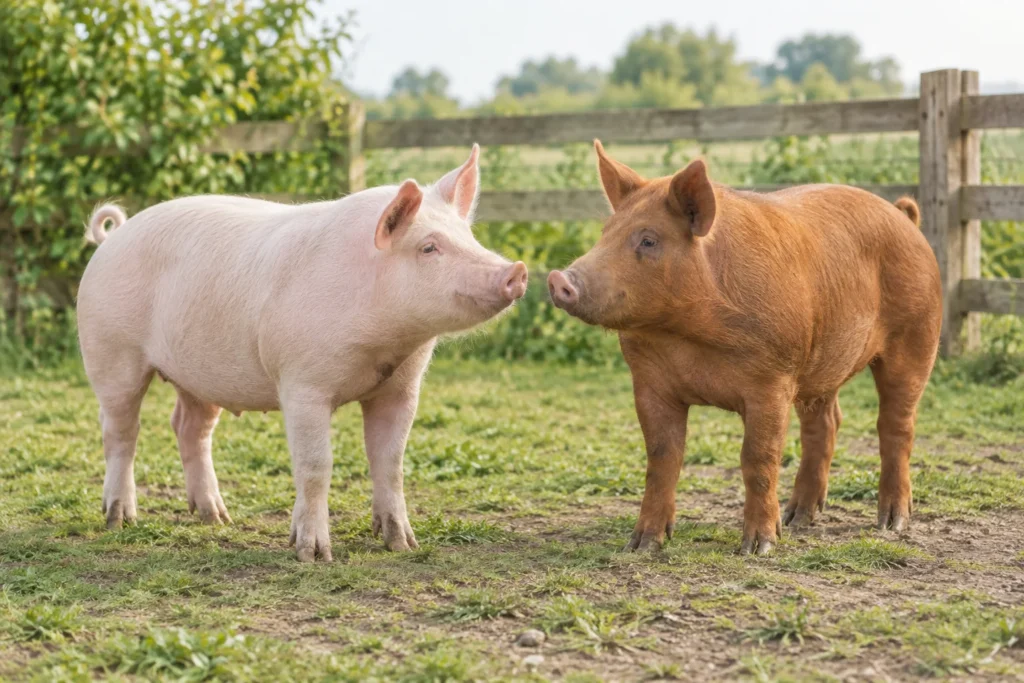 Een lichtroze en een roodbruin varken staan tegenover elkaar in een omheinde buitenruimte.