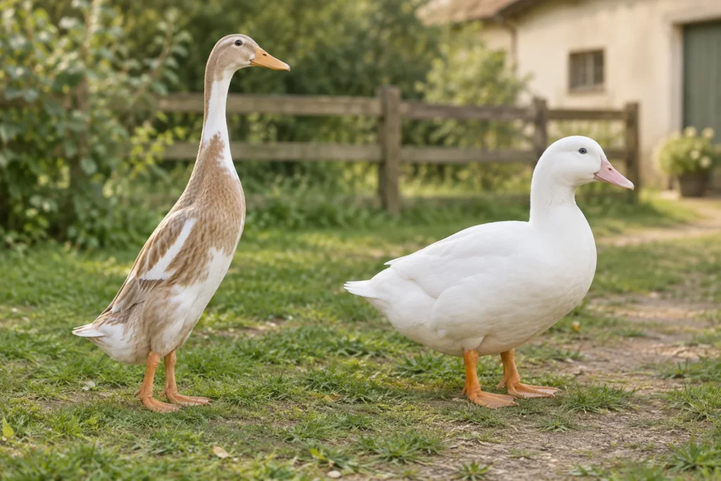 Een slanke, rechtopstaande bruinwitte eend en een grotere witte eend met een lichtroze snavel staan naast elkaar op een erf.