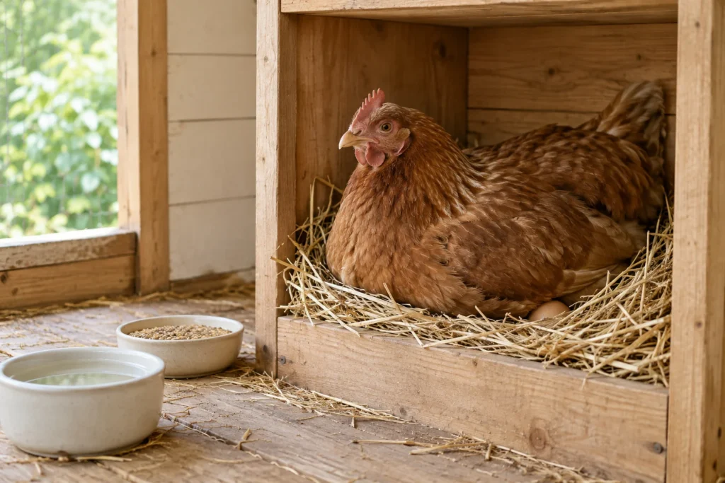 Bruine hen zit in een nest van stro in een houten hok, met een ei aan de rand van het nest en bakjes water en voer ervoor.
