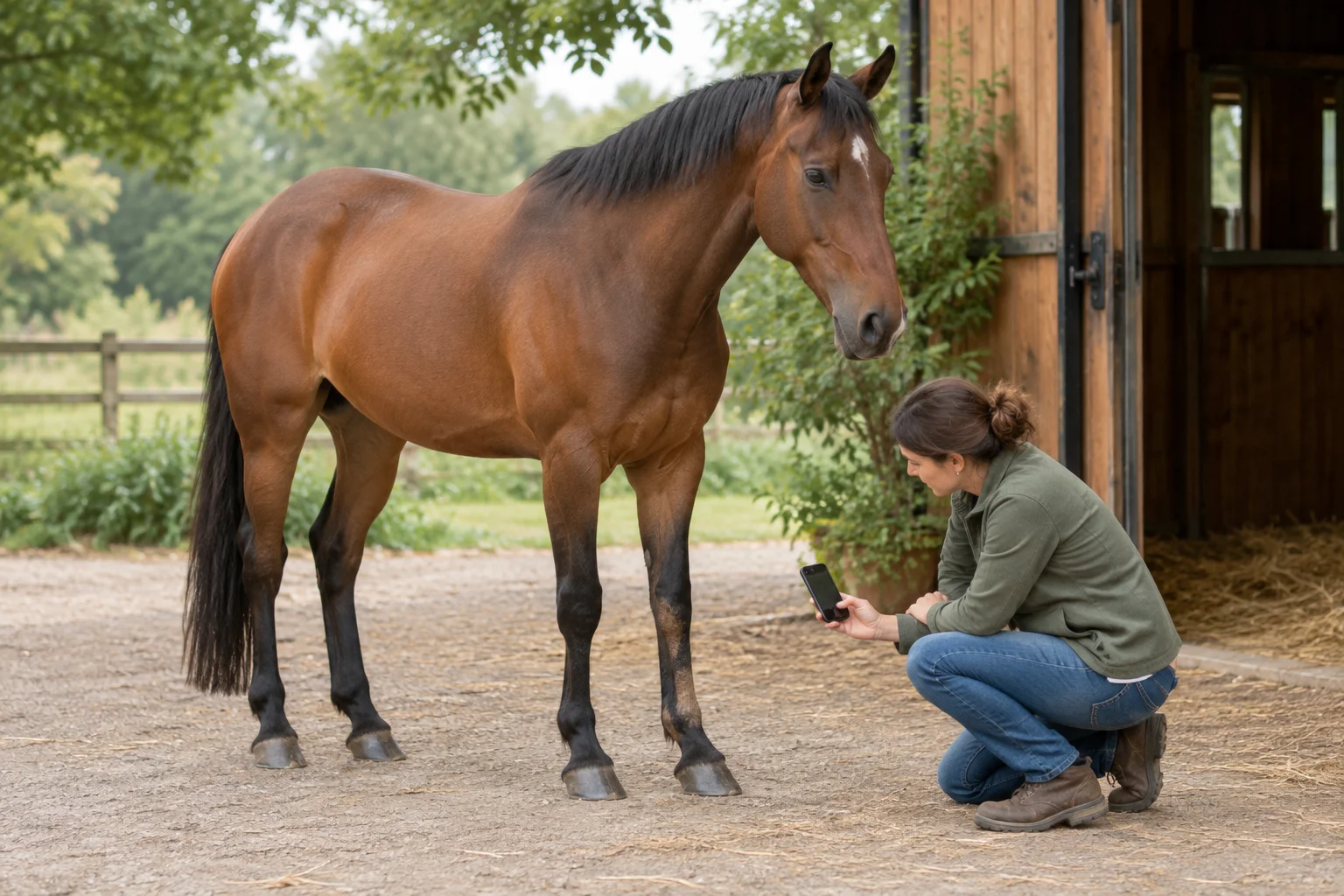 Bruin paard staat bij een stal terwijl een persoon gehurkt naar een voorbeen kijkt en een telefoon vasthoudt.