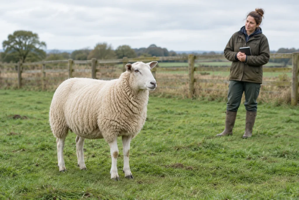 Een wit schaap staat met vier zichtbare poten in een weiland, terwijl een vrouw met een gesloten notitieboekje op afstand toekijkt.